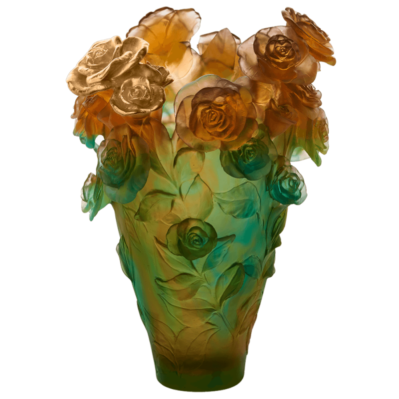 Rose Passion Green And Orange Magnum Vase With Gilded Bouquet, large
