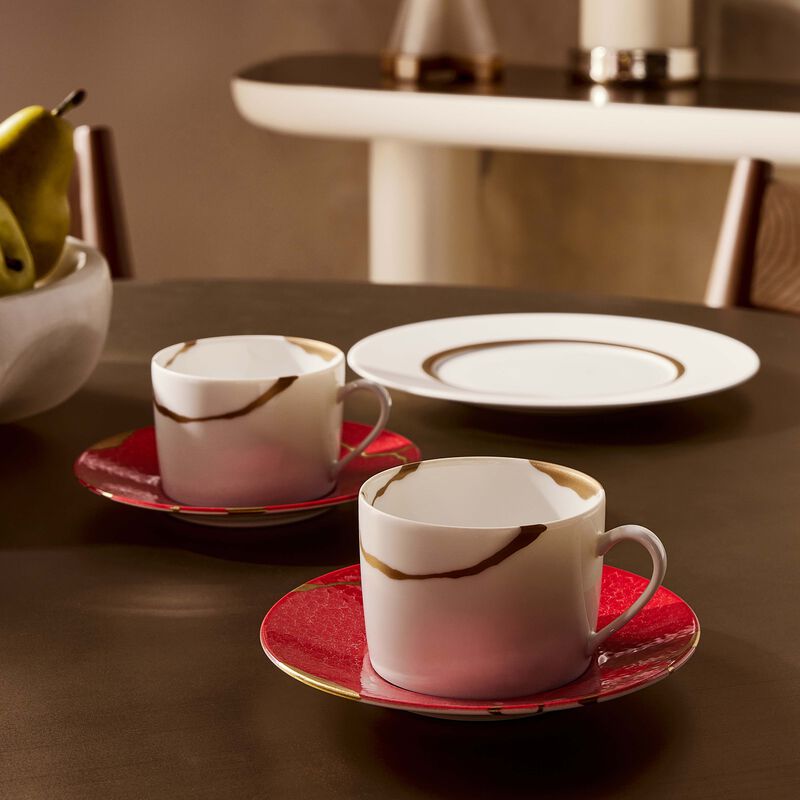 Kintsugi Rouge Teacups And Saucers - Set Of 2 bernardaud kintsugi rouge teacups and saucers set of 2