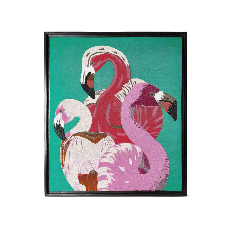 لوحة جدارية مزيّنة بالخرز تصور مشهدًا على شكل طيور نحام وردي, large