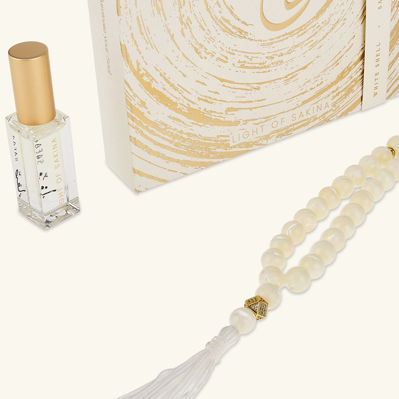 Safaa White Shell Misbaha & Fragrance Set light of sakina safaa white shell misbaha fragrance set
