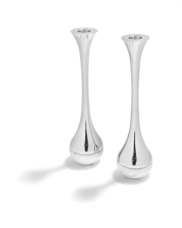 Dual Carrara Marble And Silver Candle Holders, large