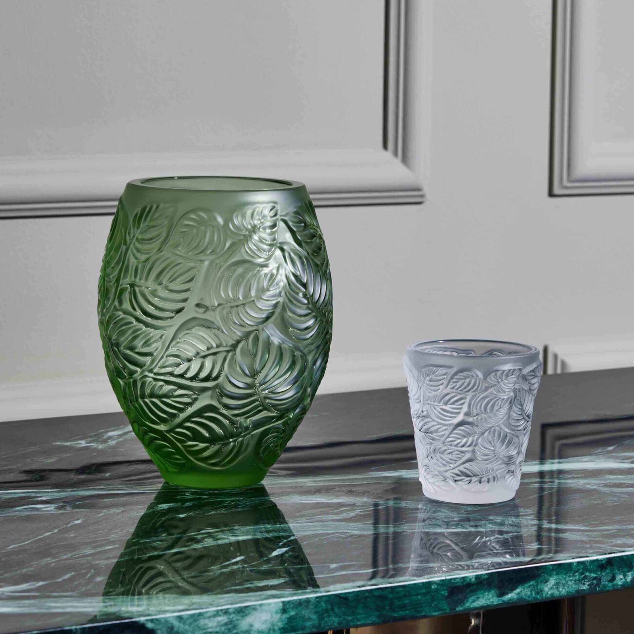lalique feuilles vase small green
