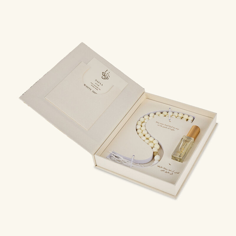 Safaa White Shell Misbaha & Fragrance Set light of sakina safaa white shell misbaha fragrance set