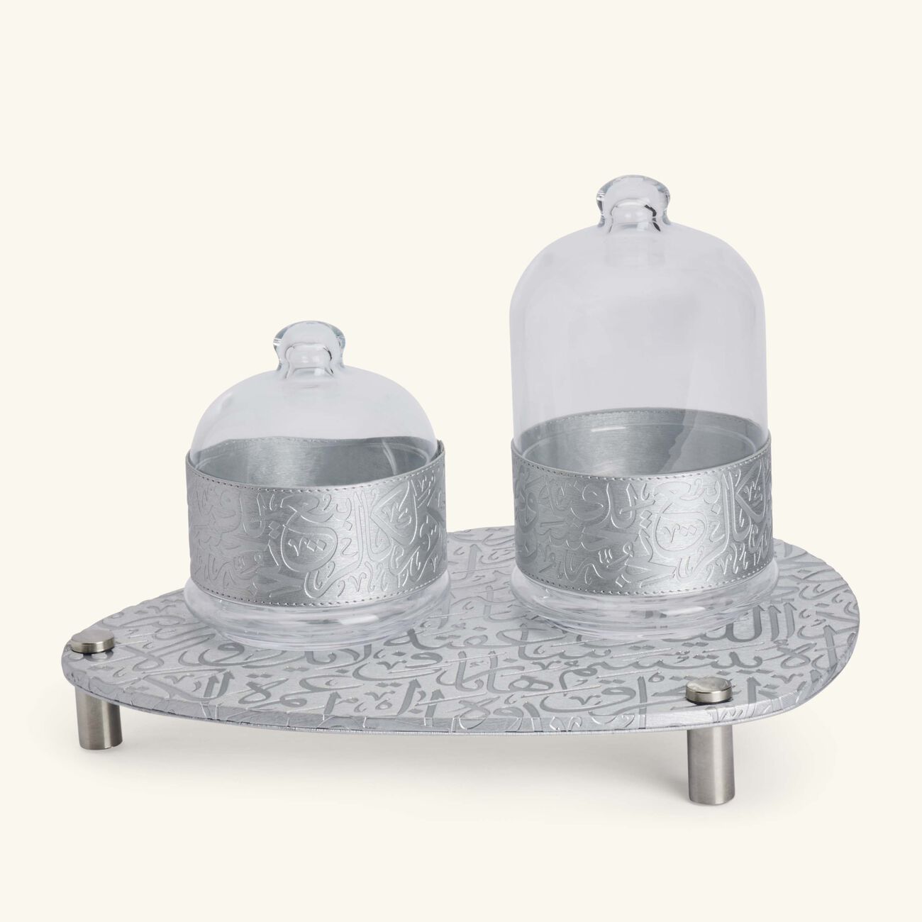 دملاج طقم كريم المؤلف من وعائين للضيافة باللون الفضي