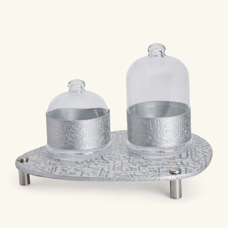 دملاج طقم كريم المؤلف من وعائين للضيافة باللون الفضي